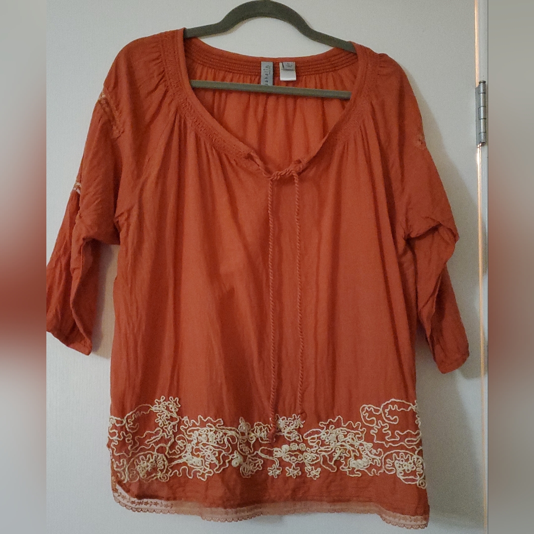 Sahalie Melon Orange Embroidered Boho Cotton Top, Seed Beads, Lace, Xl, 14-16